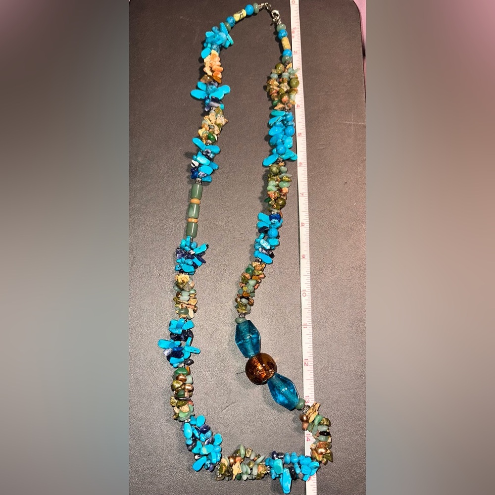 Genuine Turquoise & Mixed Gemstone 34” Statement Necklace Artisan